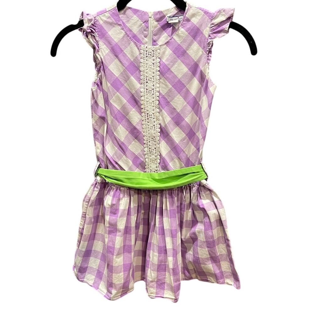 Hartstrings Girl's Purple Sundress 6 Green Bow Lace Trim Gingham Checkerboard